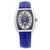 An image of a Wristwatch by Franck Muller. This New item is designed for Women, featuring a Dress/Formal,Luxury style. It has a Mechanical (Manual) movement and an Analog display with a Blue,Silver dial color. The indices include Arabic Numerals. The band is made of Leather and the case is made of White Gold. The watch has a Tonneau shape with a case size of 29 mm and a case thickness of 8 mm.
