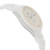 An image of a wristwatch displayed in a side profile view, opposite the crown. The watch is positioned at a slight angle, showcasing its elegant white band and sleek case design. The photograph is taken at a medium distance, highlighting the watch's sophisticated face and minimalist features.