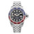An image of a pre-owned men's Rolex GMT Master II Pepsi wristwatch taken from a straight-on angle. The watch features a stainless steel bracelet and a round face with a black dial. It includes a blue and red GMT bezel, luminous hands, and a date indicator at the 3 o'clock position. The watch is centered and photographed at a close distance, showcasing its details clearly. This is an automatic watch. 