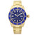 An image of a pre-owned men's Rolex Submariner automatic wristwatch, viewed from a straight-on angle, showcasing the watch face and bracelet. The watch features a striking blue dial with a date indicator and luminous hands. The 18k yellow gold casing and band create a luxurious appearance. The image is taken from a close distance, highlighting the details of the watch's design and features.