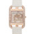 An image of a pre-owned women's HERMÈS Cod Joaillier wristwatch. The watch is positioned upright, showcasing a rectangular face adorned with intricate, diamond-studded designs. It features a 18k rose gold case with additional diamond embellishments along the edges. The watch is photographed from a front angle at a close distance, emphasizing its luxurious details and craftsmanship. The strap is light-colored, contrasting elegantly with the watch face.