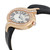 An image of a pre-owned women's Cartier wristwatch, positioned at a slight angle from the right side. The watch features an elegant, oval-shaped yellow gold case adorned with a row of sparkling diamonds around the bezel. The dial displays Roman numerals with black hands, and the black leather strap is partially visible. The image is taken from a close distance, highlighting the luxurious details and craftsmanship of the timepiece.