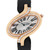 An image of a pre-owned Cartier women's wristwatch, captured from a front angle at a close distance. The watch features an elegant, elongated oval face with Roman numeral hour markers. The 18k yellow gold case is adorned with a row of sparkling diamonds, and it is paired with a black leather strap. The brand name "Cartier" is prominently displayed on the dial.