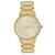 An image of a pre-owned Bulova men's wristwatch, presented in a full frontal view. The watch has a round shape with a sunburst champagne dial, gold-tone bezel, and non-numeric hour marks indicated by simple bars. It features a date indicator at the 3 o'clock position and luminous hands. The stainless steel band is gold-tone, matching the case and bezel. The overall condition of the watch appears good and it is styled for dress or formal occasions. The image is taken from a front angle, showing the entire watch face and a portion of the band, with the watch positioned centrally and occupying most of the frame for clear detail.