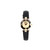 An image of a pre-owned JOWISSA women's wristwatch captured from a straight-on angle. The watch face is centered in the frame, showcasing its gold-toned dial with minimalistic hour markers and hands. It features a black leather strap and decorative elements at the lugs with crystal embellishments. The watch is positioned against a plain white background, highlighting its elegant design.