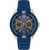 An image of a Wristwatch by GUESS. This Display Model item is designed for Men, featuring a Casual style. It has a Quartz movement and an Analog display with a Blue dial color. The indices include 12-Hour Dial,Arabic Numerals,Multi Dial,Stick Indexes. The band is made of Silicone and the case is made of Stainless Steel. The watch has a Round shape with a case size of 46 mm and a case thickness of 14 mm.