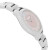 An image of an unworn RAYMOND WEIL women's wristwatch presented in a side profile view opposite of the crown. The watch features a round case with a pink mother of pearl dial, adorned with Romanhour markers at the 6 and 12 o'clock positions and diamonds as markers for the remaining hours. The stainless steel band with a polished finish connects seamlessly to the case, creating a continuous and elegant design. The image is a close-up, showcasing the watch's casual yet formal style.