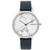 An image of a Skagen women's wristwatch taken from a straight-on angle. The watch features a round face with a marbled white background and minimalist black hands. The brand name "Skagen" is positioned on the right side of the face. The watch has a silver-toned bezel and a dark strap. The image captures the watch in a close-up view, highlighting its design details.