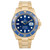 An image of a pre-owned like new men's Rolex Submariner 18k Yellow Gold Blue Dial Automatic Men Watch 126618LB, featuring a yellow gold band and a blue face with a date indicator and luminous hands. The watch is positioned upright, facing the viewer directly, capturing a clear and detailed frontal view. 2021 card. Comes with an original box and paper.