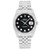 An image of a pre-owned men's Rolex Datejust 18K White Gold Steel Black Diamond Dial Watch 116234, viewed from the front at a close distance. The watch features a black dial with a date indicator at the 3 o'clock position and luminous hands. It has a white gold band and a fluted bezel. The watch face includes diamond hour markers and the Rolex logo at the 12 o'clock position.