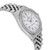An image of a pre-owned unisex Rolex wristwatch taken from a slightly elevated angle, showcasing the right side. The watch features a white dial with Roman numerals, a date indicator, and luminous hands. The stainless steel bracelet is partially visible, adding to the elegant design. The image is captured at a close distance, highlighting the watch's details and craftsmanship.