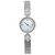 An image of a pre-owned Boucheron women's wristwatch in a dress/formal style, presented in a front full frontal view. The watch features a white mother-of-pearl dial with diamond markers and non-numeric hour marks, set within a stainless steel case surrounded by a decorative beaded edge. The band is made of stainless steel with a detailed mesh design, and an additional teardrop-shaped decorative element with diamonds is positioned above the watch face. The watch is shown against a white background, with the camera angle directly centered on the watch face, capturing the entire length of the watch at a close distance for clear detail. The watch is pre-owned in excellent condition with light signs of scratches.