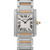 An image of a pre-owned Cartier women's wristwatch, captured from the front at a close distance. The watch features a rectangular face with Roman numerals and a two-tone metal bracelet. The crown is adorned with a dark gemstone.