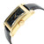An image of a pre-owned Bedat & Co men's wristwatch with a side profile view prominently displaying the crown. The watch has a rectangular shape with a black dial and an 18k yellow-gold bezel. It features an 18k yellow gold case and a black leather band. The photograph is taken at a close distance, focusing on the side angle that shows the curvature of the case and the texture of the leather strap.