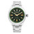 An image of a pre-owned men's Rolex Milgauss Steel Black Dial Green Crystal Automatic Mens Watch 116400GV, positioned upright and viewed from the front at a close distance. The watch features a stainless steel band and a black dial with luminous hands. The Rolex logo is visible near the top, and the second hand is distinctively orange. The watch face is encircled by a green-tinted ring.2010 card. V-serial. Comes with the original box and papers.