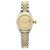 An image of a pre-owned women's Rolex Datejust 26mm Gold Steel Diamond Champagne Dial Ladies Watch 69173, viewed from the front at a straight-on angle. The watch features a two-tone design with a stainless steel and gold bracelet. The dial is gold with diamond hour markers and includes a date indicator at the 3 o'clock position. The image captures the watch in close-up detail, highlighting its elegant design and craftsmanship.
