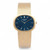 An image of a pre-owned unisex Patek Philippe Ellipse 18k Yellow Gold Blue Dial Manual Wind Watch 3583. The watch is positioned upright, with a direct frontal view, showcasing its oval-shaped  yellow gold case and textured gold strap. The dial is blue with minimalistic gold hour markers and hands. The watch is captured at a close distance against a plain white background.