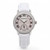 An image of a pre-owned Audemars Piguet Jules Diamond 18K White Gold Diamond Silver Dial Women's Watch 77228BC. The watch is positioned upright, facing directly towards the viewer, showcasing its round dial with Roman numerals and a small sub dial. The bezel is adorned with sparkling stones, and the watch is paired with a white leather strap. The photo is taken from a close-up angle, capturing the intricate details of the watch's face and strap.
