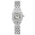 An image of a pre-owned Cartier women's wristwatch in excellent condition, presented in a full frontal view against a white background. The watch has a square stainless steel case and a matching stainless steel band. It features a silver dial with black Roman numeral indices indicating a 12-hour cycle and a steel bezel. The watch hands are visible and appear to be in good condition, with a blue cabochon on the watch's crown. The watch displays light signs of wear. The image is taken from a close distance, ensuring clear visibility of the watch's design and condition details.