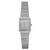 An image of an unworn Rado women's luxury wristwatch in excellent condition, displayed in a full frontal view. The watch has a rectangular white gold case with a silver dial featuring diamond markers and the Rado logo. The bezel color matches the silver of the dial. 18k white gold band adorned with diamonds on the links, viewed from a straight-on angle and at a close distance to highlight details.