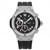 An image of a pre-owned Hublot men's luxury wristwatch, displayed in a front full frontal view. The watch features a round stainless steel case with a gray bezel adorned with diamond and a black rubber band with a textured pattern. The black dial includes stick indexes, a 12-hour dial, chronograph features, a date indicator between 4 and 6 olock position, and a small seconds subdial. Minor signs of wear are visible, and the watch is shown from a direct front angle at a close distance, providing a clear view of its details.