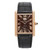 An image of a pre-owned Cartier men's wristwatch in good condition, presented in a full frontal view. The watch has a rectangular rose gold case with a chocolate-colored dial featuring Roman numerals and a 12-hour dial. It is fitted with a black leather strap that shows signs of wear. The bezel color is rose gold, and the watch is styled in a classy manner. The angle of the photo is straight on, with the watch occupying the central position, allowing clear visibility of the dial and strap.