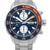 An image of a pre-owned IWC men's diver wristwatch in a front close-up view. The watch face is round with a blue dial featuring stick indexes and a 12-hour dial layout. It has three sub-dials and a day-date display at the 3 o'clock position. The bezel insert is blue with an orange accent. The stainless steel case and band give the watch a robust, metallic look. The watch is positioned centrally and shot at a direct angle, filling most of the frame for a clear view of its details. The watch is pre-owned and shows light signs of wear or scratches.