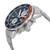 An image of a pre-owned IWC men's diver wristwatch with a side profile view showcasing the crown. The watch features a round stainless steel case and band, with a blue dial and a blue and orange bezel. The photograph is taken up close, capturing the watch at an angle that emphasizes its side profile and the details of the crown and bezel. The watch is pre-owned and shows light signs of wear or scratches.