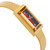 An Image depicting the opposite crown view of a gold-toned rectangular wristwatch with a mesh bracelet, featuring a white dial with red and blue stripes, and brand logo at the center.Pre-owned condition minor scratches on the case.