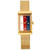 An Image of a rectangular gold-tone Gucci wristwatch featuring a mesh band and a vertical tri-color face with red, white, and navy blue stripes. Pre-owned condition with minimal signs of wear. 