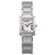 An image of a pre-owned Cartier women's wristwatch in good condition, displayed in a full frontal view. The watch features a square stainless steel case and band, with a silver dial and gray bezel. The dial is adorned with various Cartier logos in light pink and with black Roman numeral indices for a 12-hour display. The watch is positioned centrally and photographed from the front at a close distance, showing a clear and detailed view of its casual style design.