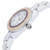 An image of a side profile view of a new with defects Lucien Piccard women's wristwatch, positioned at a slight angle to show the crown. The watch features a round ceramic case with a beige bezel adorned with purple accents, a white band made of ceramic and stainless steel, and a mother of pearl dial with white background. Water damage on the bezel beneath the insert may not be readily visible without close examination from specific angles.