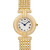 An image of a pre-owned Cartier women's wristwatch in good condition. The photo is a front close-up shot, focusing on the round watch face at a direct angle. The classic style watch features a white dial with black Roman numerals as indices and blue hands, all set within a yellow gold bezel. The band is made of matching yellow gold and shows light signs of wear or scratches. The Cartier logo is visible just below the 12 o'clock position. The image is taken from a medium distance, providing a clear view of the watch details.