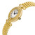 An image of a pre-owned Cartier women's wristwatch in a classic style, presented in a side profile view with the crown visible. The round watch face is white with Roman numerals, encased in a yellow gold bezel. Attached is a yellow gold band with a beaded design, and the watch is positioned at a medium distance from the viewer. Light signs of wear or scratches are visible on the gold surfaces.
