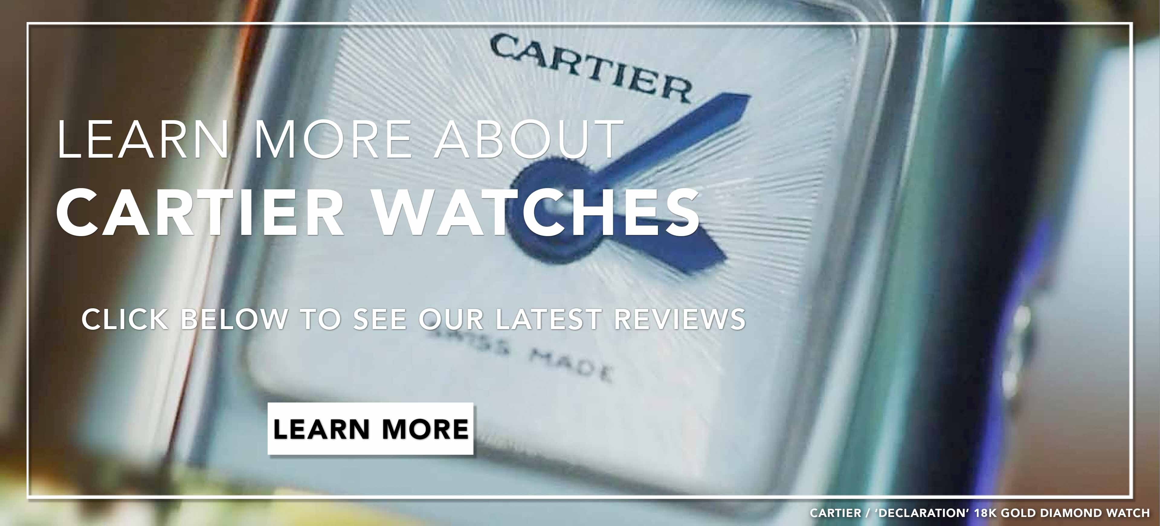 UPCLOSE IMAGE OF A CARTIER WATCH WITH BLUE HANDS A SILVER DIAL SLIGHTLY OBSCURED AT BOTTOM OF FRAME