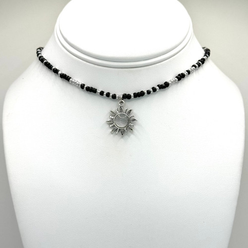 Silver Sun Pendant with Clear Moonstone on Beaded chain