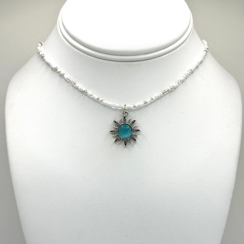 Silver Sun Pendant with Blue Moonstone on Beaded chain