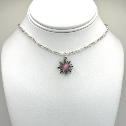 Silver Sun Pendant with Pink Moonstone on Beaded chain