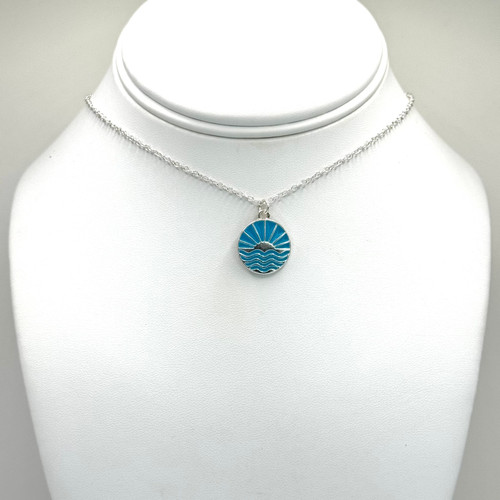 Sun Set over Waves with Blue Enamel on Silver Chain