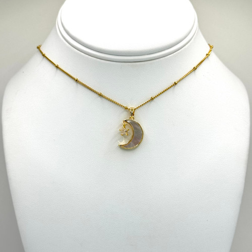 Mother of Pearl Moon Pendant on Gold Saturn Chain