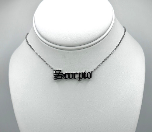 Silver Scorpio Old English Zodiac Necklace on Silver Chain