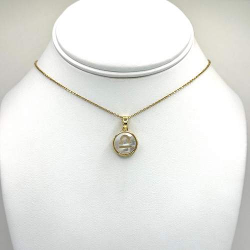 Mother of Pearl Round  Zodiac Libra  on Gold Chain