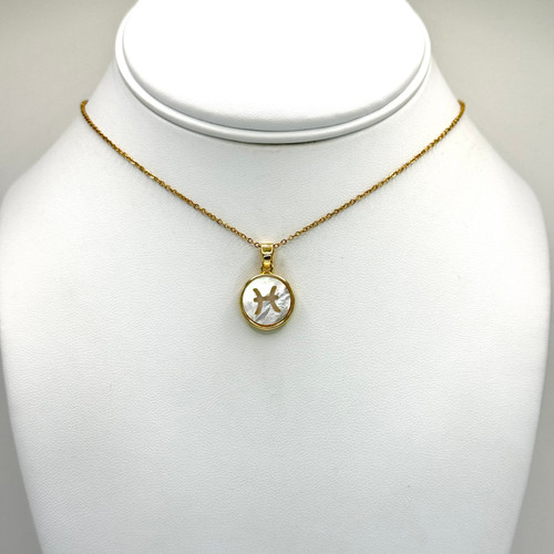 Mother of Pearl Round  Zodiac Pisces  on Gold Chain