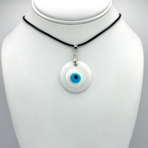 Black cord with adjutable silver findings with White Evil Eye Pendant.