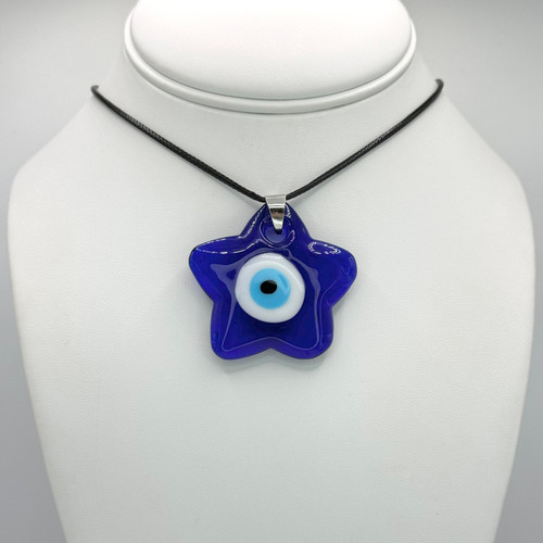 Black Rope Necklace with adjustable silver findings with Big Blue Star Evil Eye Pendant.