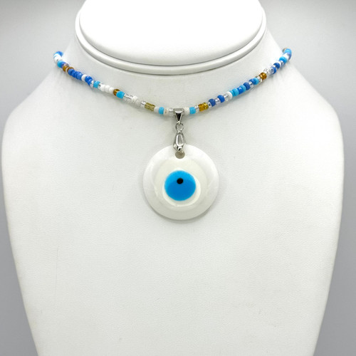 White & Blue Beaded Chain with silver findings, with Medium White Evil Eye Pendant.