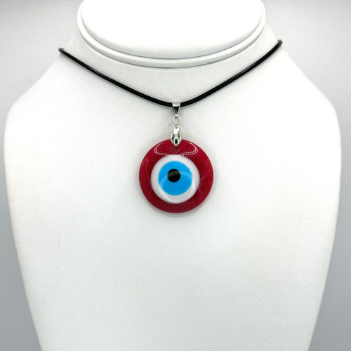 Black Rope Necklace with adjustable silver findings with Medium Red Evil Eye Pendant