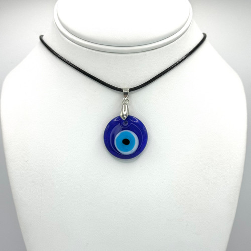Black Rope Necklace with silver adjustable findings with Medium Blue Evil Eye Pendant