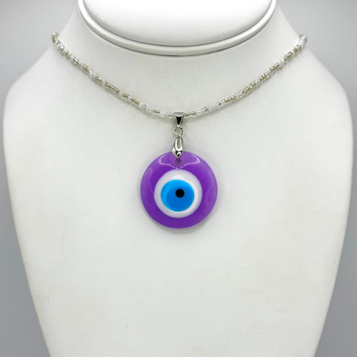 Clear beaded Chain Necklace with adjustable silver findings with Big Evil Eye Pendant.