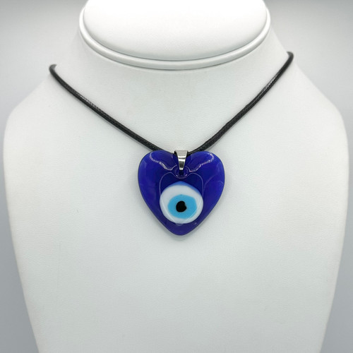 Black Rope Necklace with adjustable silver findings with Big Blue Heart Evil Eye Pendant.